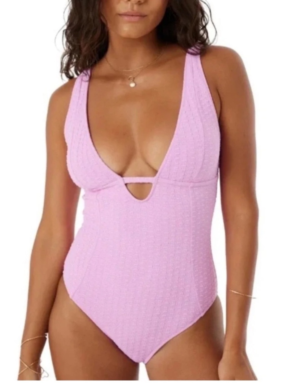 NWT🩷🩷🩷Roxy Pink Textured Deep V One-Piece Swimsuit
